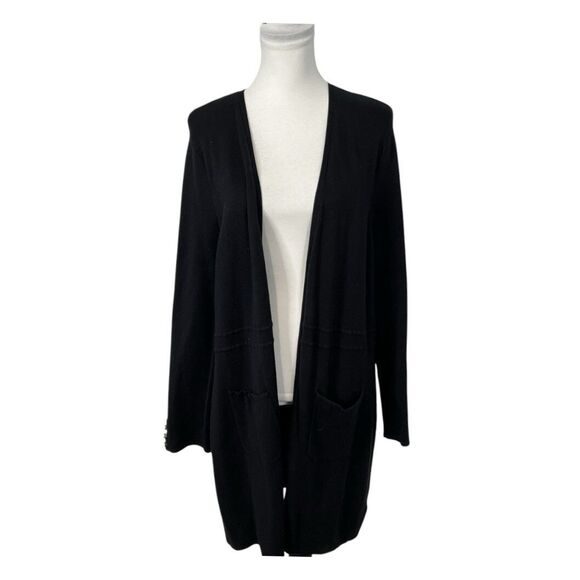 Talbots Long Knit Cardigan Woman's Size XL Petite Black Cotton Blend Open Front - Picture 6 of 10